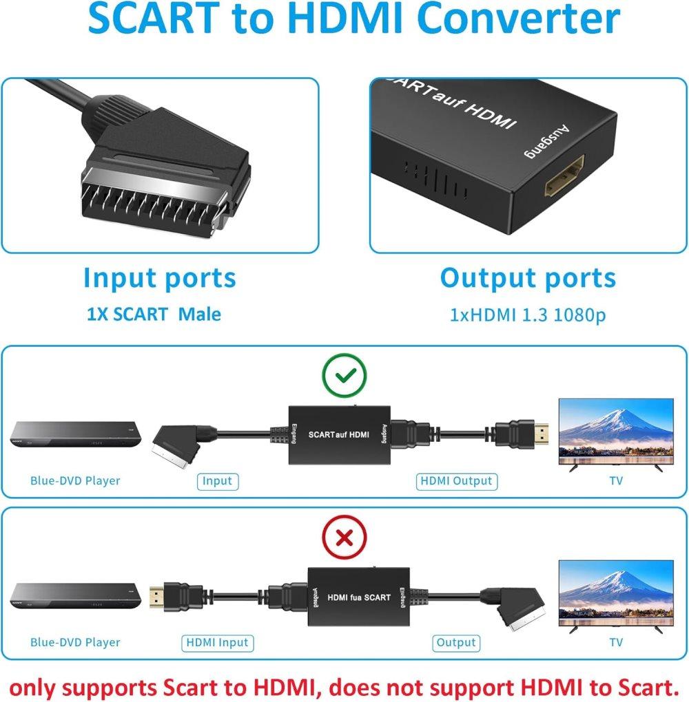 Scart to HDMI Converter 1080P HD Video Audio Adapter, Compatible with Set-Top Box Xbox PS3, Plug & Play V1188-MS-325-0644
