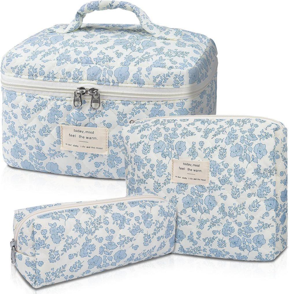 3 Cosmetic Bags Floral Lightweight Toiletry Bag for Women, Blue V1188-MS-325-0657