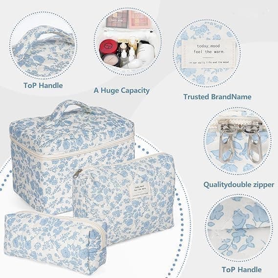 3 Cosmetic Bags Floral Lightweight Toiletry Bag for Women, Blue V1188-MS-325-0657