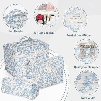 3 Cosmetic Bags Floral Lightweight Toiletry Bag for Women, Blue V1188-MS-325-0657