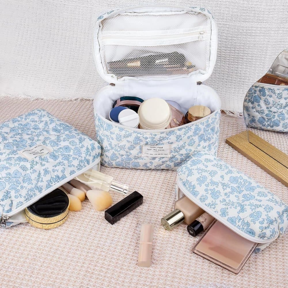 3 Cosmetic Bags Floral Lightweight Toiletry Bag for Women, Blue V1188-MS-325-0657