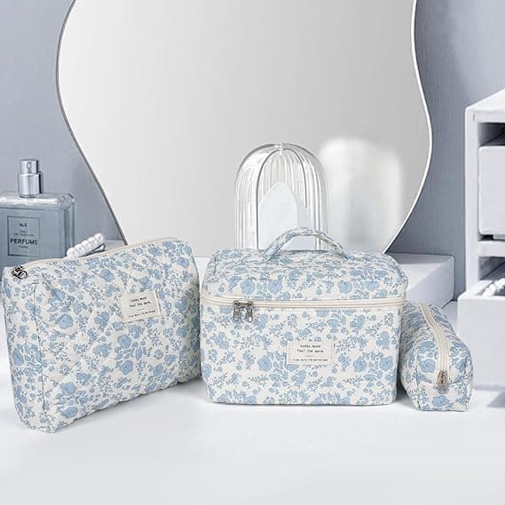 3 Cosmetic Bags Floral Lightweight Toiletry Bag for Women, Blue V1188-MS-325-0657