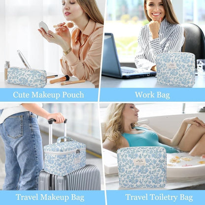 3 Cosmetic Bags Floral Lightweight Toiletry Bag for Women, Blue V1188-MS-325-0657
