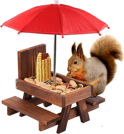 Wooden Squirrel Feeder with Parasol and Picnic Table, Outdoor Squirrel Table Set, Robust and Reliable V1188-MS-325-0666
