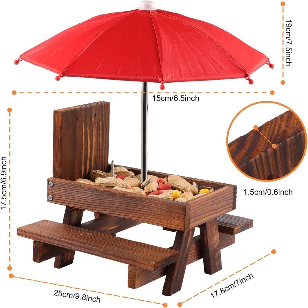 Wooden Squirrel Feeder with Parasol and Picnic Table, Outdoor Squirrel Table Set, Robust and Reliable V1188-MS-325-0666