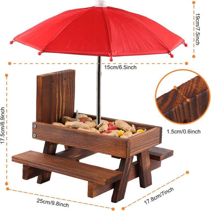 Wooden Squirrel Feeder with Parasol and Picnic Table, Outdoor Squirrel Table Set, Robust and Reliable V1188-MS-325-0666