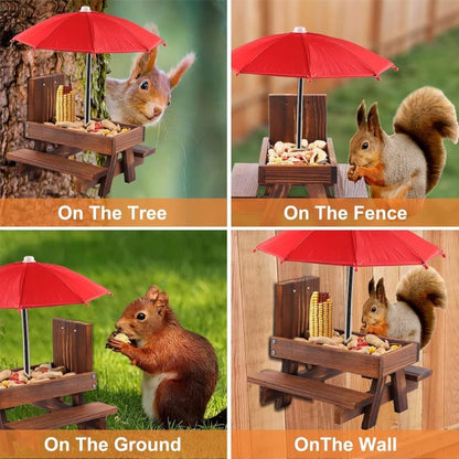 Wooden Squirrel Feeder with Parasol and Picnic Table, Outdoor Squirrel Table Set, Robust and Reliable V1188-MS-325-0666