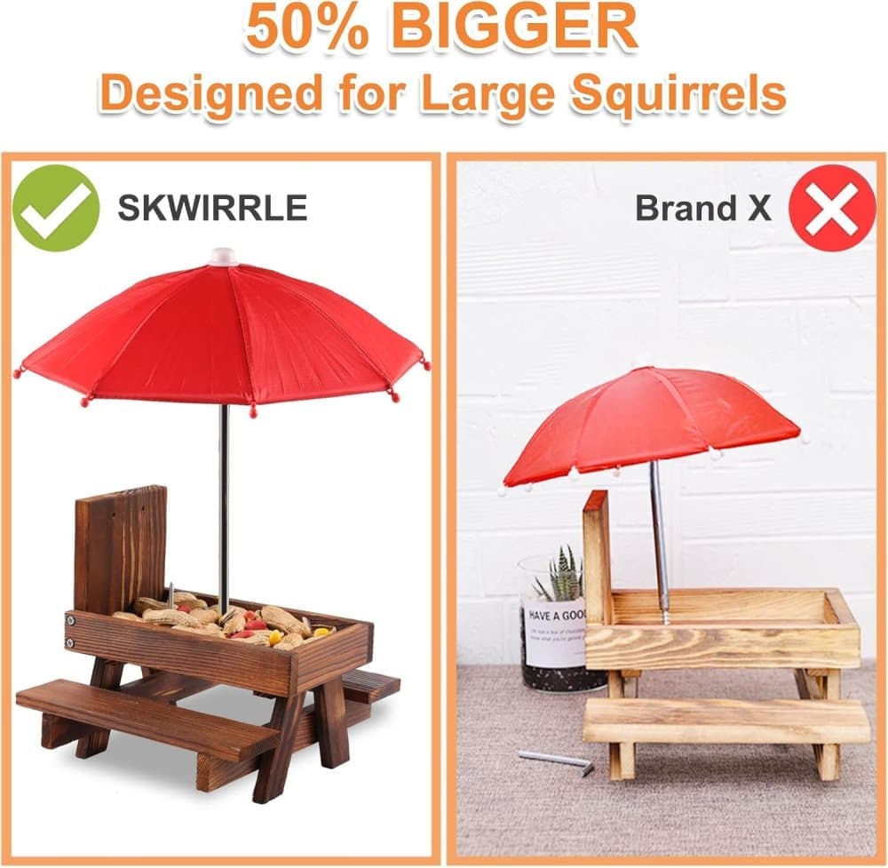 Wooden Squirrel Feeder with Parasol and Picnic Table, Outdoor Squirrel Table Set, Robust and Reliable V1188-MS-325-0666