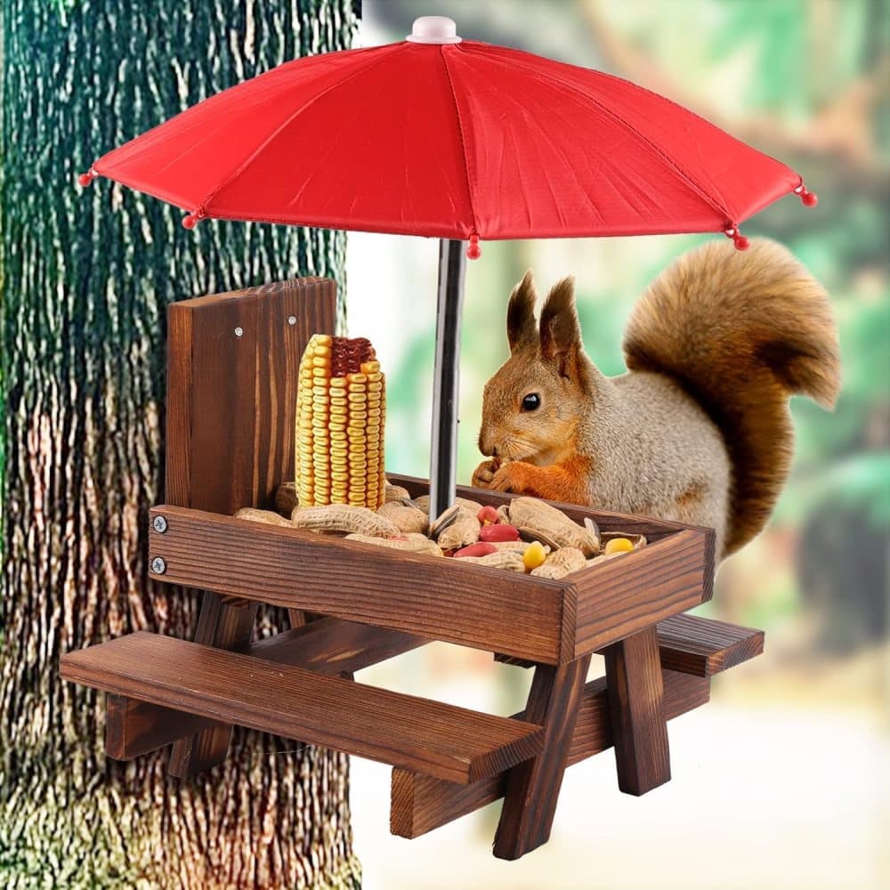 Wooden Squirrel Feeder with Parasol and Picnic Table, Outdoor Squirrel Table Set, Robust and Reliable V1188-MS-325-0666