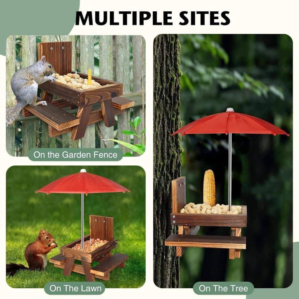 Wooden Squirrel Feeder with Parasol and Picnic Table, Outdoor Squirrel Table Set, Robust and Reliable V1188-MS-325-0666
