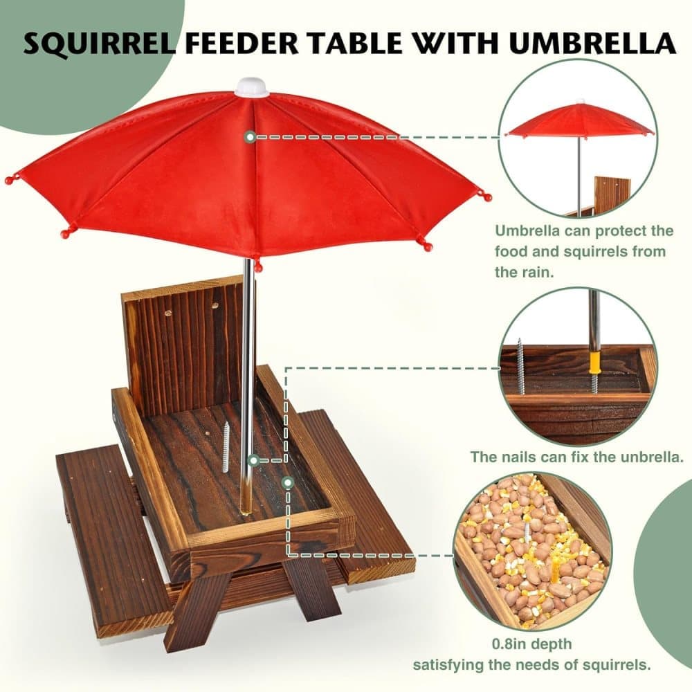 Wooden Squirrel Feeder with Parasol and Picnic Table, Outdoor Squirrel Table Set, Robust and Reliable V1188-MS-325-0666