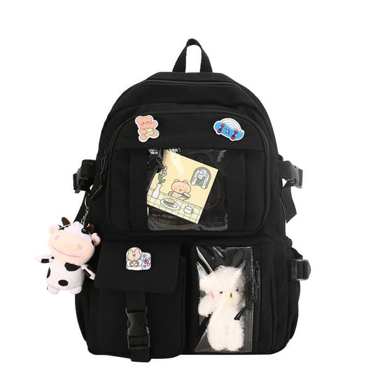Girls School Backpack Waterproof with Accessories and Plush Pendant, Black, Ideal for School and Travel V1188-MS-325-0691