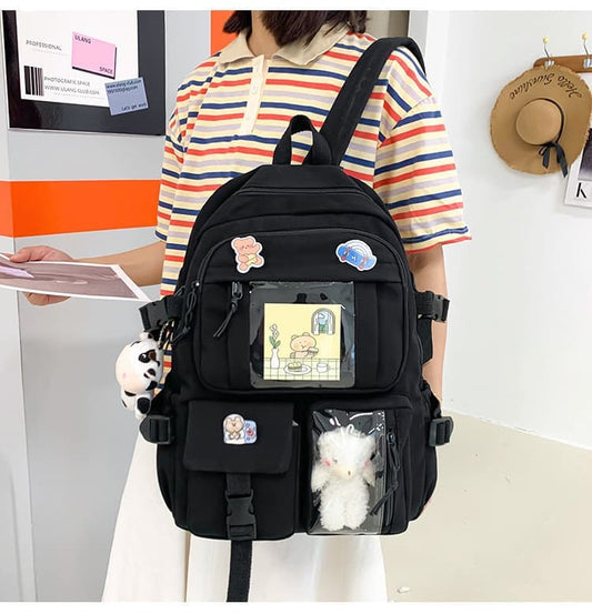 Girls School Backpack Waterproof with Accessories and Plush Pendant, Black, Ideal for School and Travel V1188-MS-325-0691