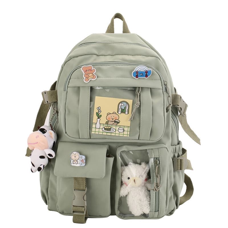 School Backpack Cute Waterproof for Girls with Accessories and Plush Pendant, Green V1188-MS-325-0694