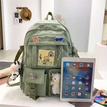 School Backpack Cute Waterproof for Girls with Accessories and Plush Pendant, Green V1188-MS-325-0694