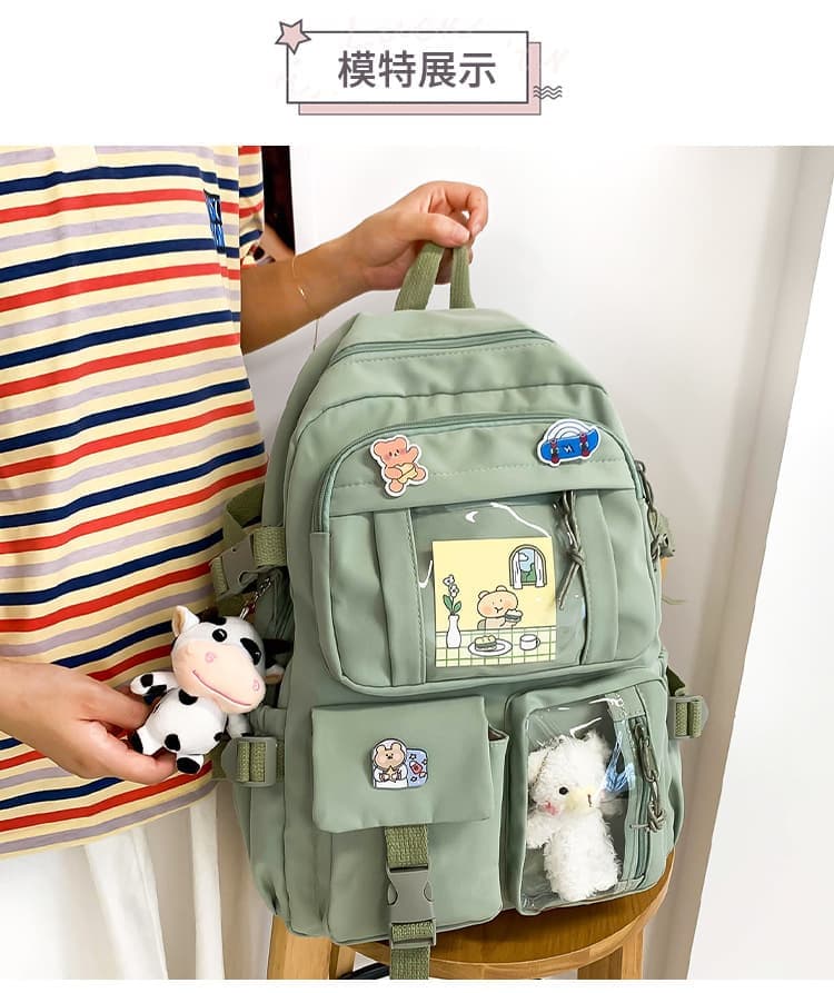 School Backpack Cute Waterproof for Girls with Accessories and Plush Pendant, Green V1188-MS-325-0694
