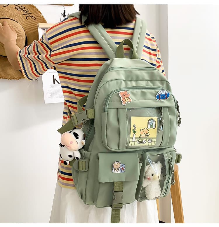 School Backpack Cute Waterproof for Girls with Accessories and Plush Pendant, Green V1188-MS-325-0694