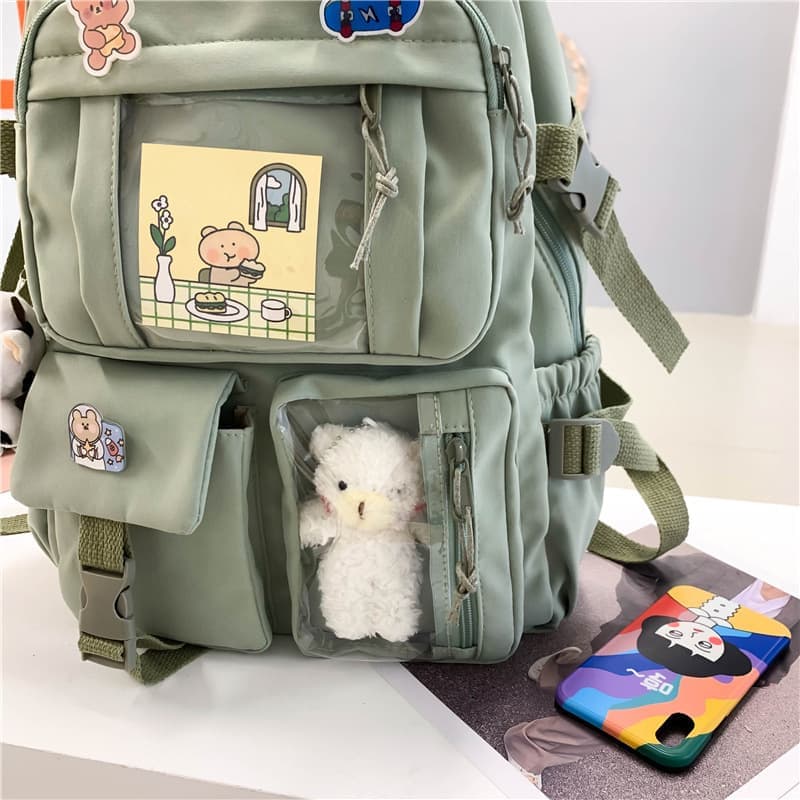 School Backpack Cute Waterproof for Girls with Accessories and Plush Pendant, Green V1188-MS-325-0694