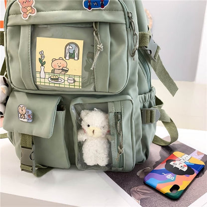 School Backpack Cute Waterproof for Girls with Accessories and Plush Pendant, Green V1188-MS-325-0694