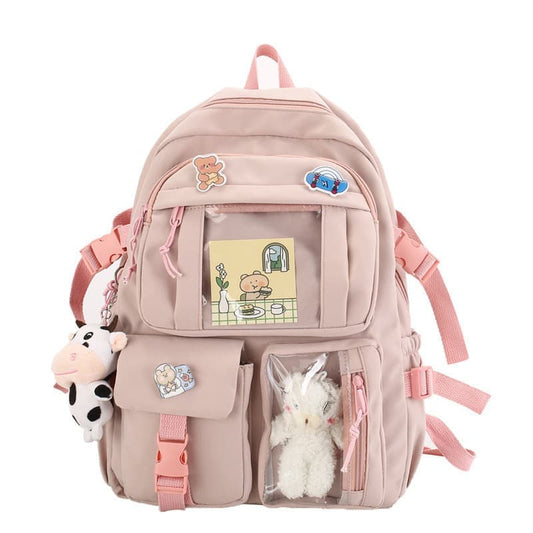 Girls Waterproof School Backpack with Accessories and Plush Pendant, Ideal for School and Travel, Pink V1188-MS-325-0695