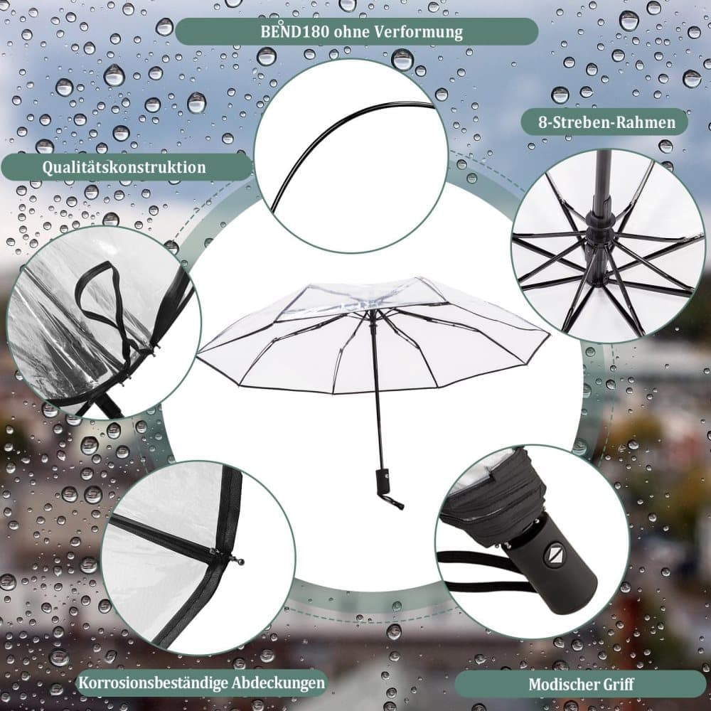 Automatic Folding Transparent Umbrella with 9 Fiberglass Ribs, Waterproof Lightweight Travel Rain Umbrella, V1188-MS-325-0697