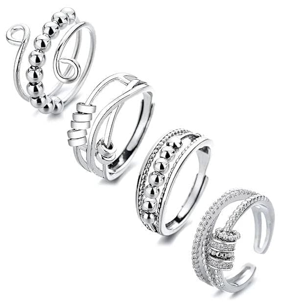 4pcs Fidget Spinner Rings for Women, Adjustable Anti-Stress Stackable Open Spinning Knuckle Rings, Stainless V1188-MS-325-0740