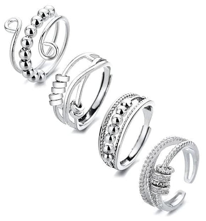 4pcs Fidget Spinner Rings for Women, Adjustable Anti-Stress Stackable Open Spinning Knuckle Rings, Stainless V1188-MS-325-0740