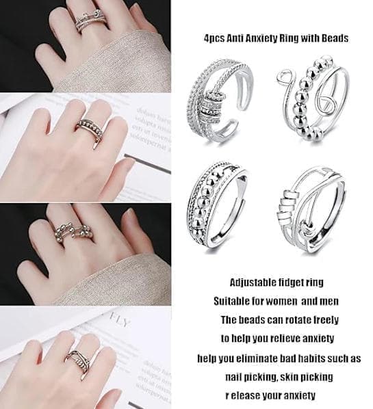 4pcs Fidget Spinner Rings for Women, Adjustable Anti-Stress Stackable Open Spinning Knuckle Rings, Stainless V1188-MS-325-0740