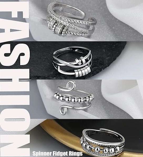 4pcs Fidget Spinner Rings for Women, Adjustable Anti-Stress Stackable Open Spinning Knuckle Rings, Stainless V1188-MS-325-0740
