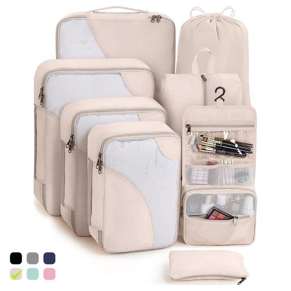 8-Piece Beige Suitcase Organizer Set with Durable Packing Cubes and Clothing Shoe Bags V1188-MS-325-0742