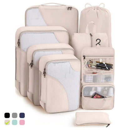 8-Piece Beige Suitcase Organizer Set with Durable Packing Cubes and Clothing Shoe Bags V1188-MS-325-0742