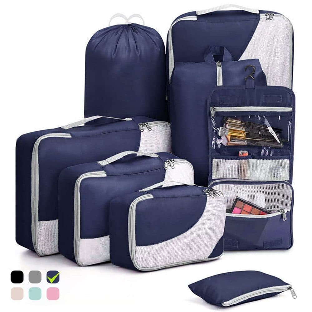 8-Piece Suitcase Organizer Set with Durable Packing Cubes and Shoe Bags, Dark Blue V1188-MS-325-0743
