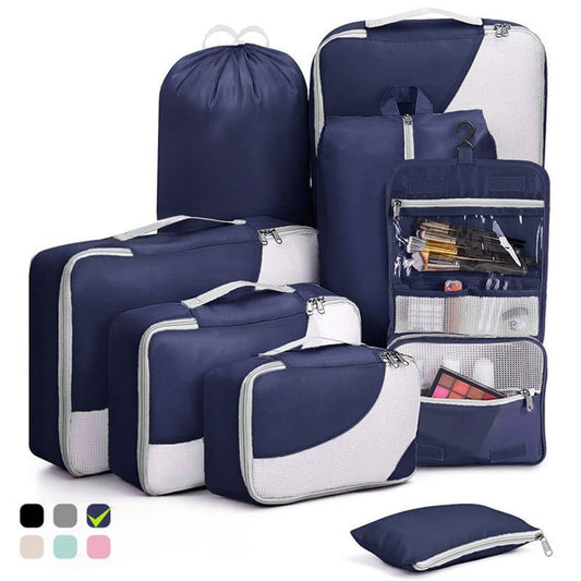 8-Piece Suitcase Organizer Set with Durable Packing Cubes and Shoe Bags, Dark Blue V1188-MS-325-0743
