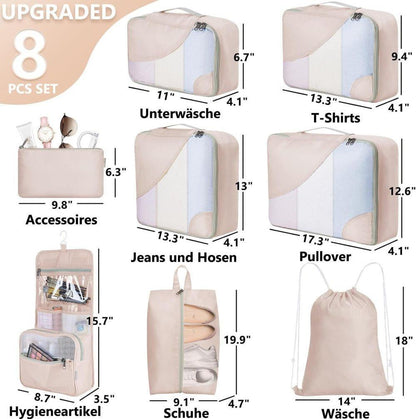 8-Piece Suitcase Organizer Set with Durable Packing Cubes and Shoe Bags, Dark Blue V1188-MS-325-0743