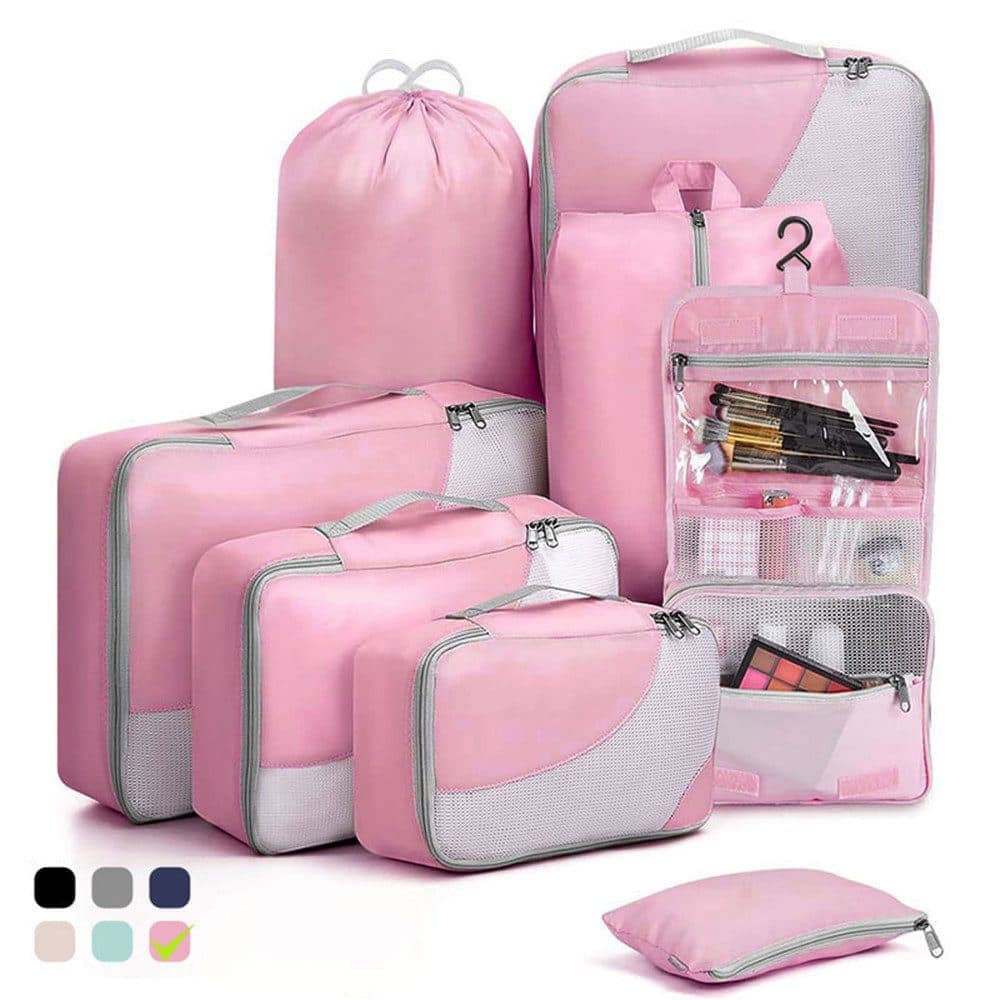 8-Piece Suitcase Organizer Set with Durable Packing Cubes and Clothing Shoe Bags, Pink V1188-MS-325-0745