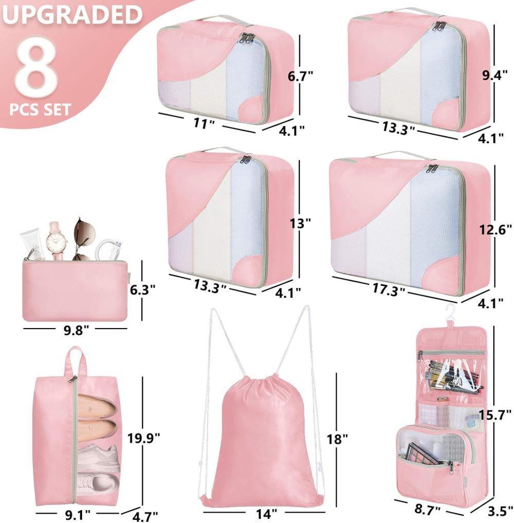8-Piece Suitcase Organizer Set with Durable Packing Cubes and Clothing Shoe Bags, Pink V1188-MS-325-0745