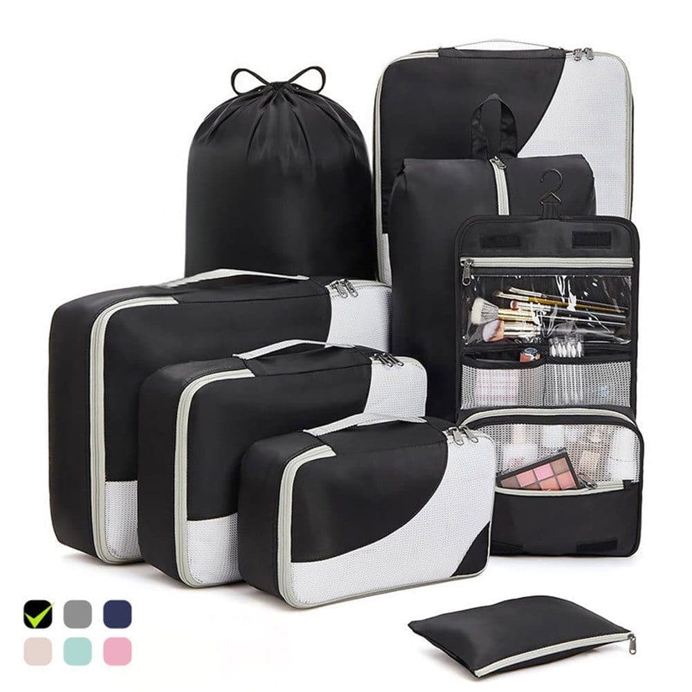 8-Piece Suitcase Organizer Set with Durable Packing Cubes and Clothing Shoe Bags, Black V1188-MS-325-0747