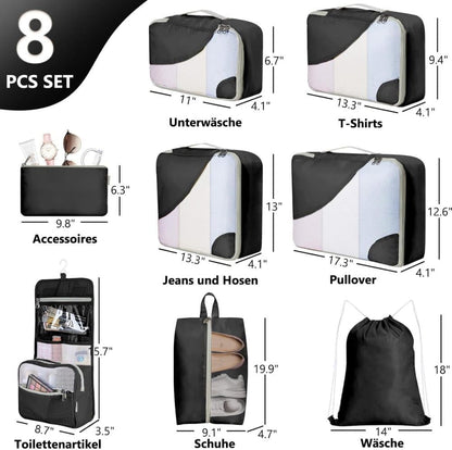 8-Piece Suitcase Organizer Set with Durable Packing Cubes and Clothing Shoe Bags, Black V1188-MS-325-0747