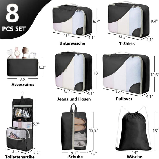8-Piece Suitcase Organizer Set with Durable Packing Cubes and Clothing Shoe Bags, Black V1188-MS-325-0747