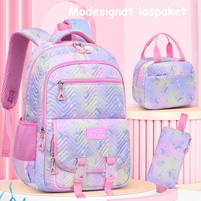 3-Piece Girls Backpack Set with Pencil Case and Lunch Bag, Purple, for Elementary & Teenage Students V1188-MS-325-0763