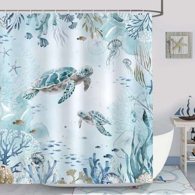 Waterproof Shower Curtain with Sea Turtle and Dolphin Motif, Light Blue, Mildew Resistant, 180x200 cm V1188-MS-325-0771