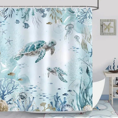 Waterproof Shower Curtain with Sea Turtle and Dolphin Motif, Light Blue, Mildew Resistant, 180x200 cm V1188-MS-325-0771