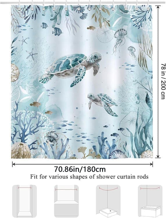 Waterproof Shower Curtain with Sea Turtle and Dolphin Motif, Light Blue, Mildew Resistant, 180x200 cm V1188-MS-325-0771