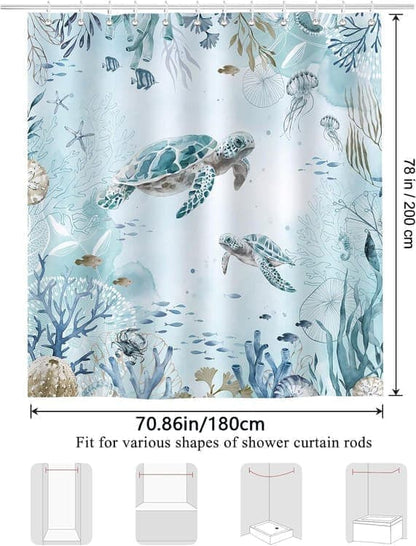 Waterproof Shower Curtain with Sea Turtle and Dolphin Motif, Light Blue, Mildew Resistant, 180x200 cm V1188-MS-325-0771