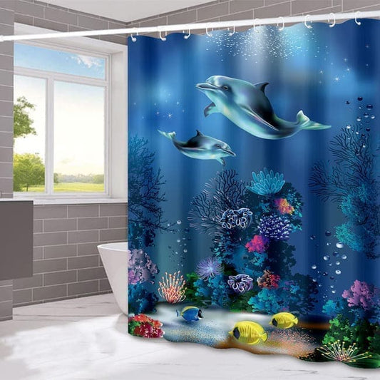 Waterproof Shower Curtain with Sea Turtle and Dolphin Motif, 180x180 cm, Dark Blue, Mildew Resistant V1188-MS-325-0772