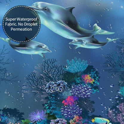 Waterproof Shower Curtain with Sea Turtle and Dolphin Motif, 180x180 cm, Dark Blue, Mildew Resistant V1188-MS-325-0772