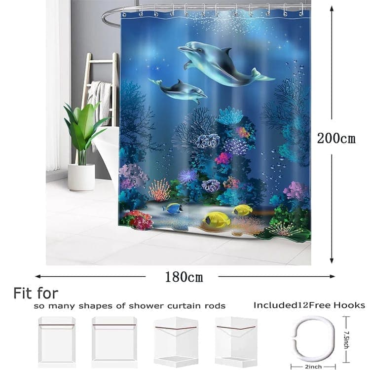 Waterproof Shower Curtain with Sea Turtle and Dolphin Motif, 180x180 cm, Dark Blue, Mildew Resistant V1188-MS-325-0772