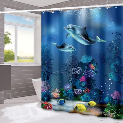 Waterproof Shower Curtain with Sea Turtle and Dolphin Motif, 180x200 cm, Dark Blue, Mildew Resistant V1188-MS-325-0773