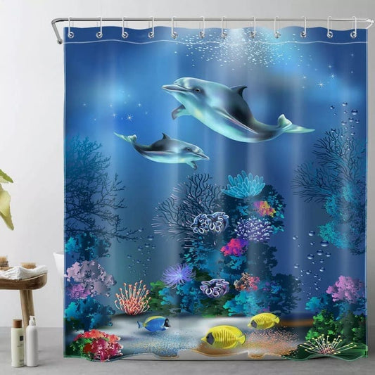 Waterproof Shower Curtain with Sea Turtle and Dolphin Motif, 180x200 cm, Dark Blue, Mildew Resistant V1188-MS-325-0773