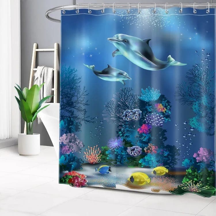 Waterproof Shower Curtain with Sea Turtle and Dolphin Motif, 180x200 cm, Dark Blue, Mildew Resistant V1188-MS-325-0773